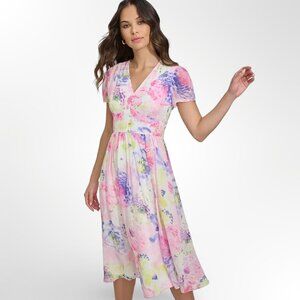 NWT DKNY multicolor midi dress 6 S small spring easter casual pink purple yellow